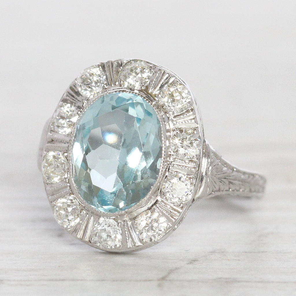 Art Deco Style 2 Carat Aquamarine and Old Cut Diamond Cluster