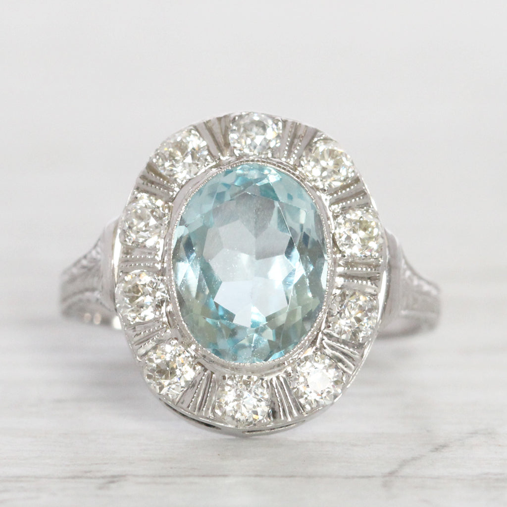 Art Deco Style 2 Carat Aquamarine and Old Cut Diamond Cluster