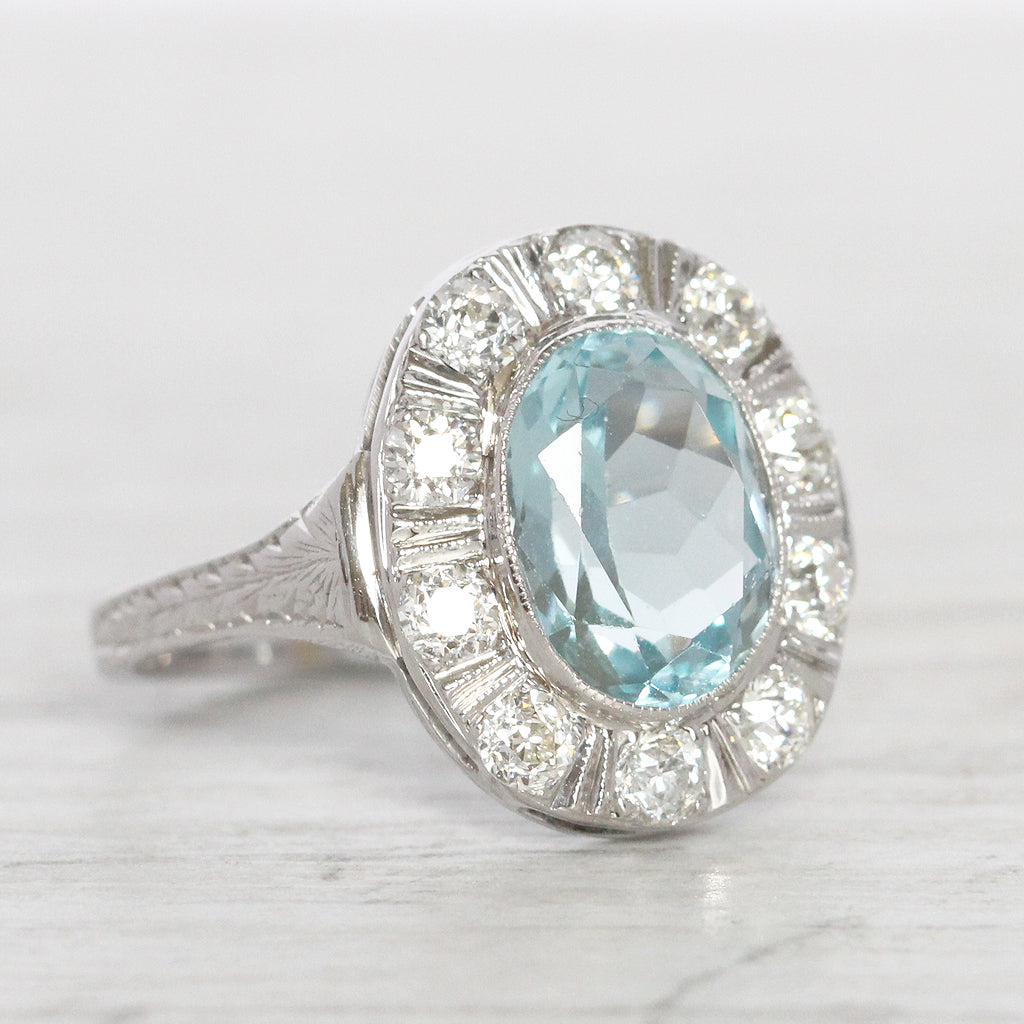 Art Deco Style 2 Carat Aquamarine and Old Cut Diamond Cluster