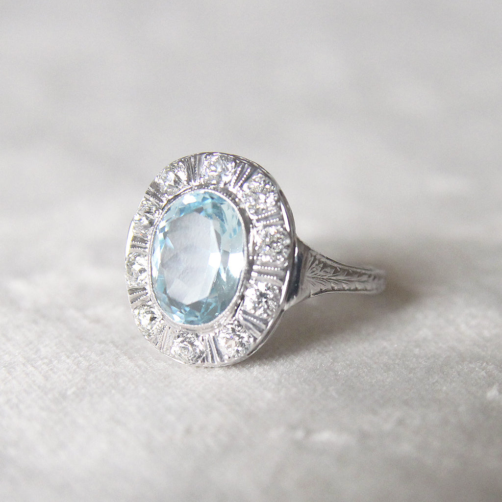 Art Deco Style 2 Carat Aquamarine and Old Cut Diamond Cluster