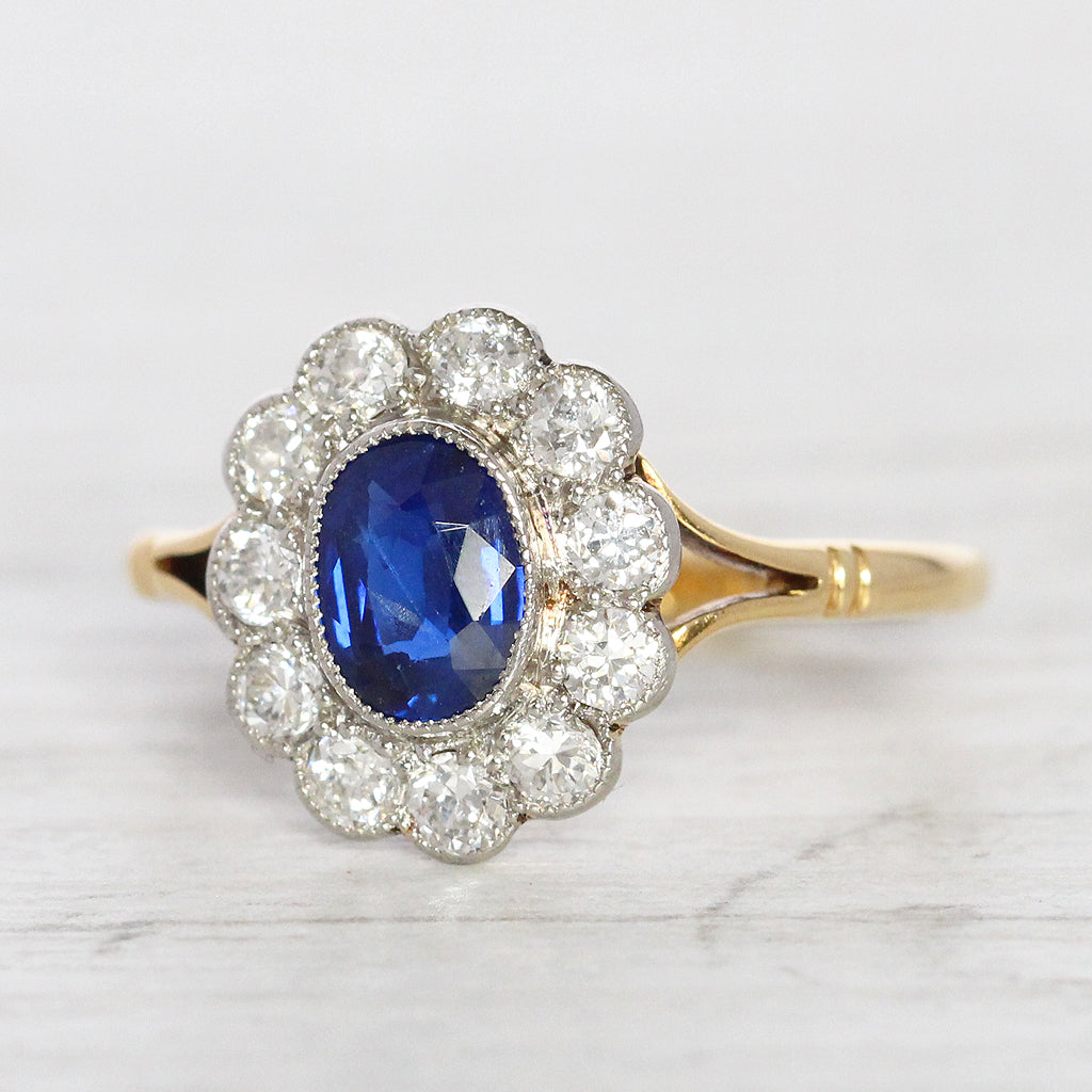 Edwardian 0.90 Carat Sapphire and Old Cut Diamond Cluster