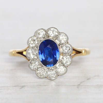 Edwardian 0.90 Carat Sapphire and Old Cut Diamond Cluster