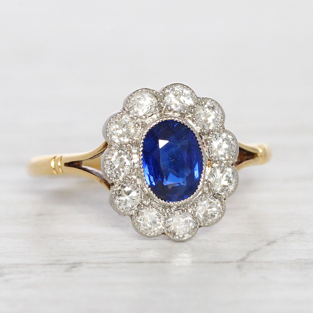 Edwardian 0.90 Carat Sapphire and Old Cut Diamond Cluster