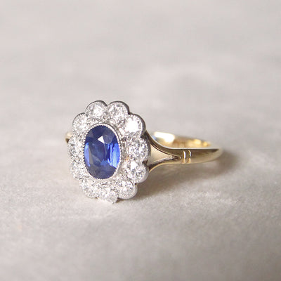 Edwardian 0.90 Carat Sapphire and Old Cut Diamond Cluster