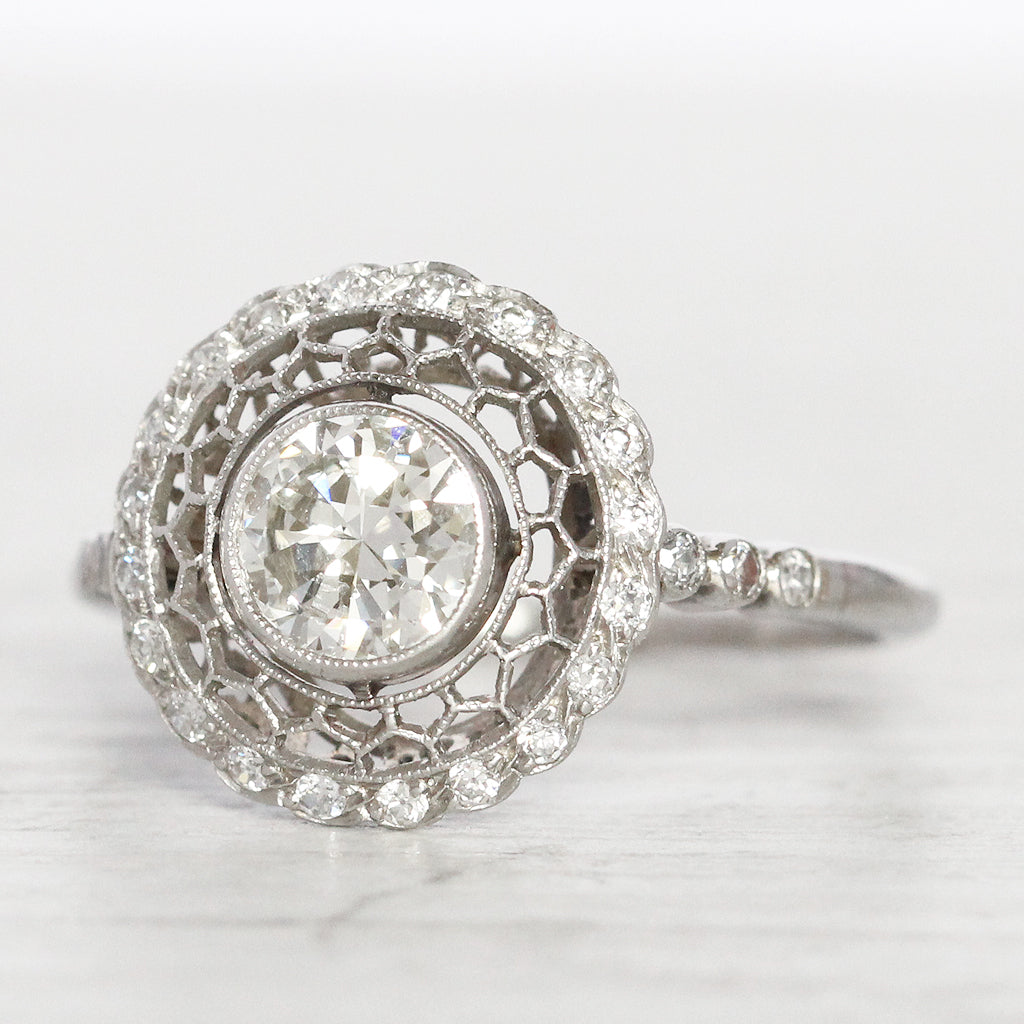 Art Deco 0.71 Carat Transitional Cut Diamond Filigree Halo Ring