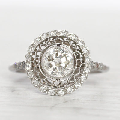 Art Deco 0.71 Carat Transitional Cut Diamond Filigree Halo Ring