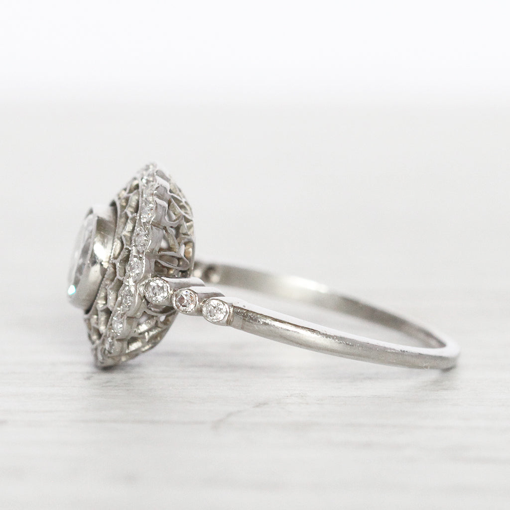 Art Deco 0.71 Carat Transitional Cut Diamond Filigree Halo Ring