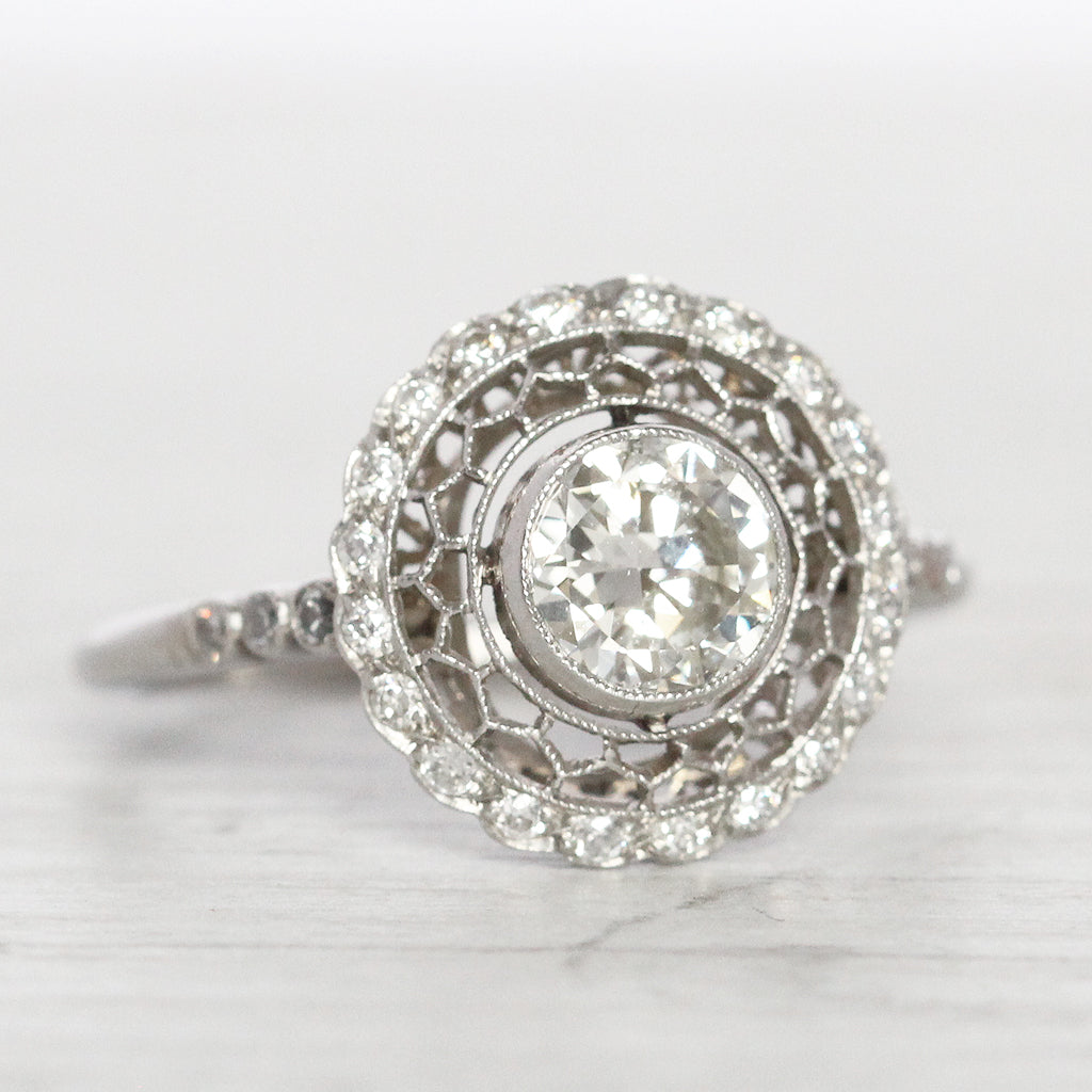 Art Deco 0.71 Carat Transitional Cut Diamond Filigree Halo Ring