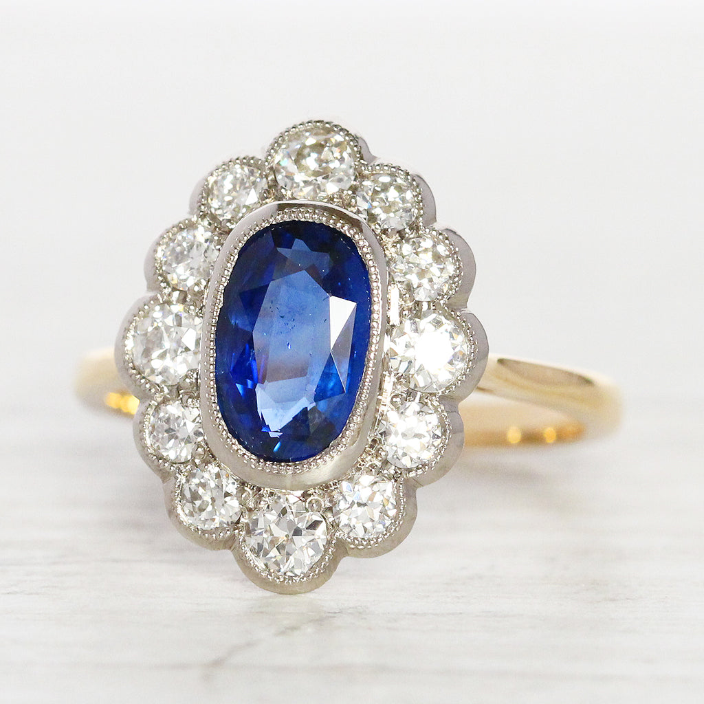 Vintage Style 1.65 Carat Sapphire and Old Cut Diamond Cluster