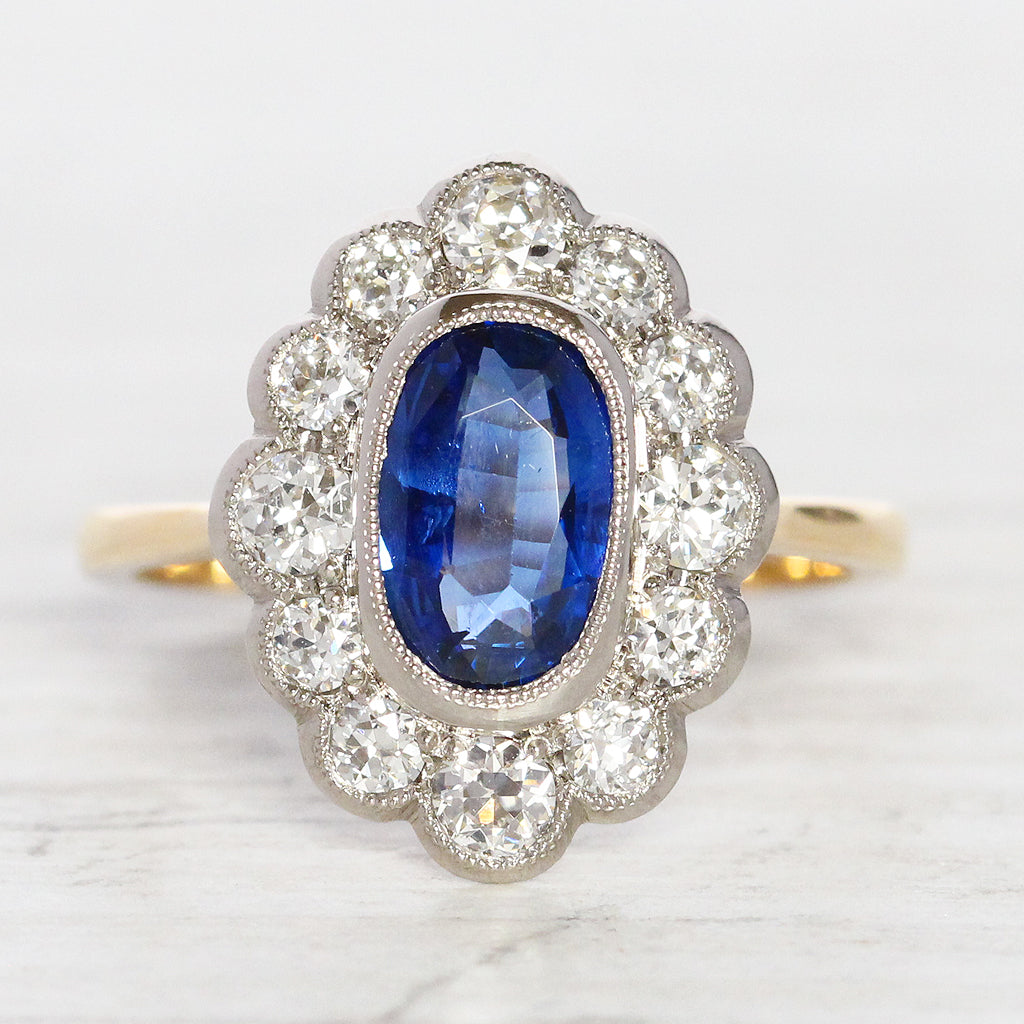 Vintage Style 1.65 Carat Sapphire and Old Cut Diamond Cluster