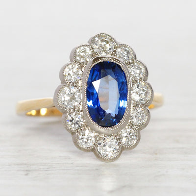 Vintage Style 1.65 Carat Sapphire and Old Cut Diamond Cluster