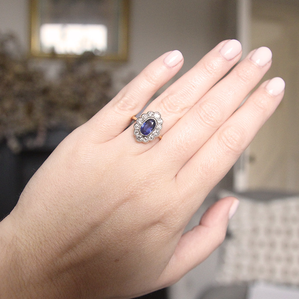 Vintage Style 1.65 Carat Sapphire and Old Cut Diamond Cluster