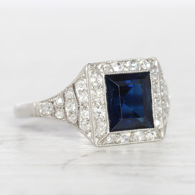 French Art Deco 2.45 Carat Sapphire and Old Cut Diamond Cluster