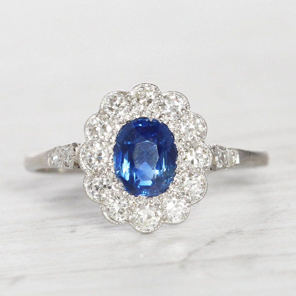 RESERVED - Edwardian 0.90 Carat Sapphire and Old Cut Diamond Cluster