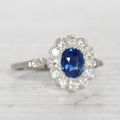 RESERVED - Edwardian 0.90 Carat Sapphire and Old Cut Diamond Cluster