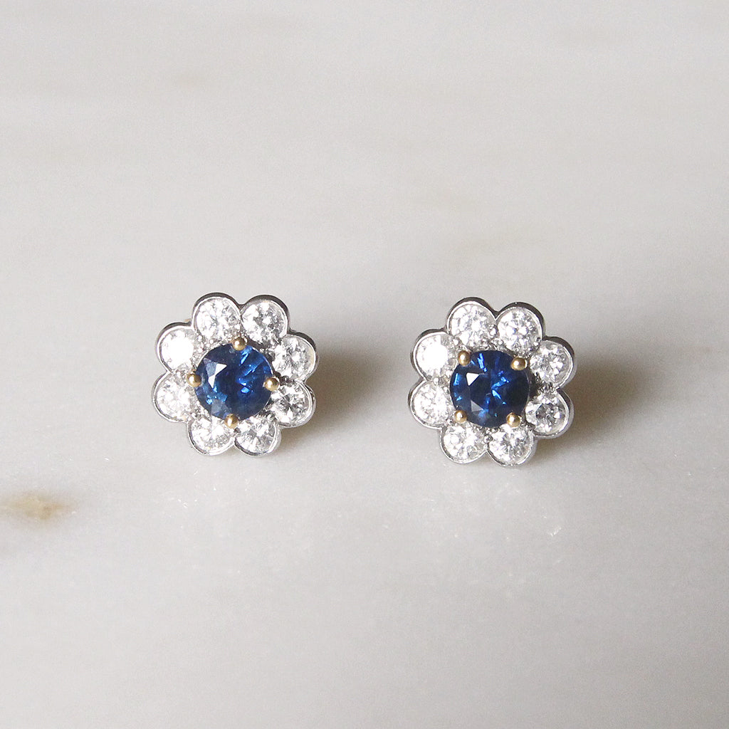 Edwardian Style 0.90 Carat Sapphire and Diamond Cluster Stud Earrings