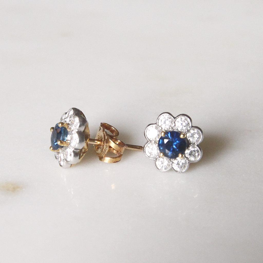 Edwardian Style 0.90 Carat Sapphire and Diamond Cluster Stud Earrings