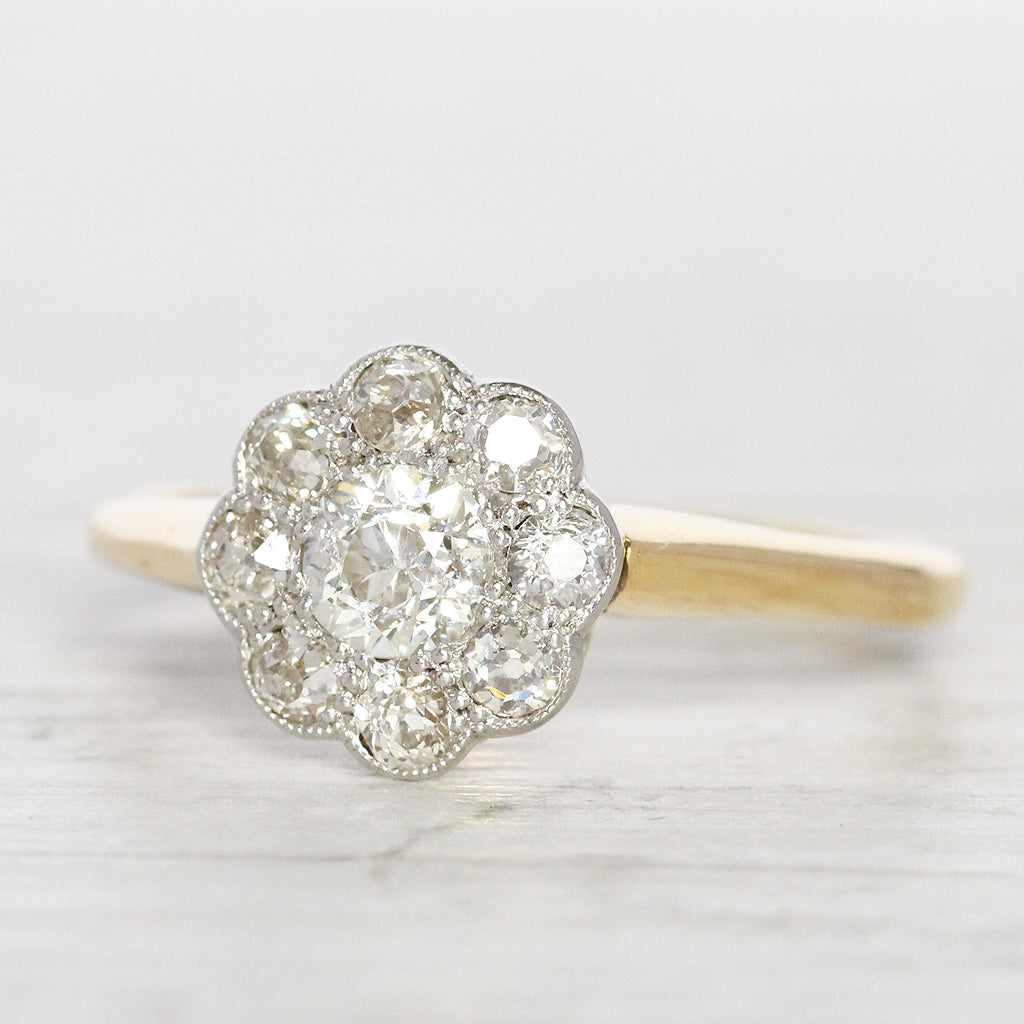 Edwardian 0.90 Carat Old Cut Diamond Daisy Cluster Ring