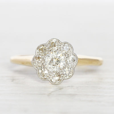 Edwardian 0.90 Carat Old Cut Diamond Daisy Cluster Ring