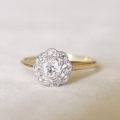 Edwardian 0.90 Carat Old Cut Diamond Daisy Cluster Ring