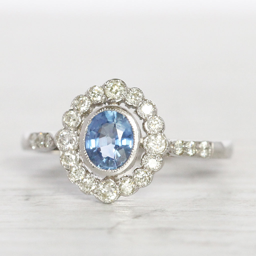 Art Deco Style 0.65 Carat Cornflower Blue Sapphire and Diamond Cluster