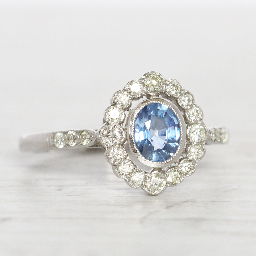 Art Deco Style 0.65 Carat Cornflower Blue Sapphire and Diamond Cluster