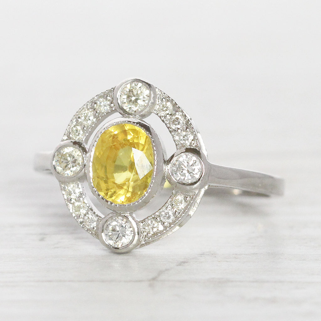 Art Deco Style 1.20 Carat Yellow Sapphire and Diamond Cluster