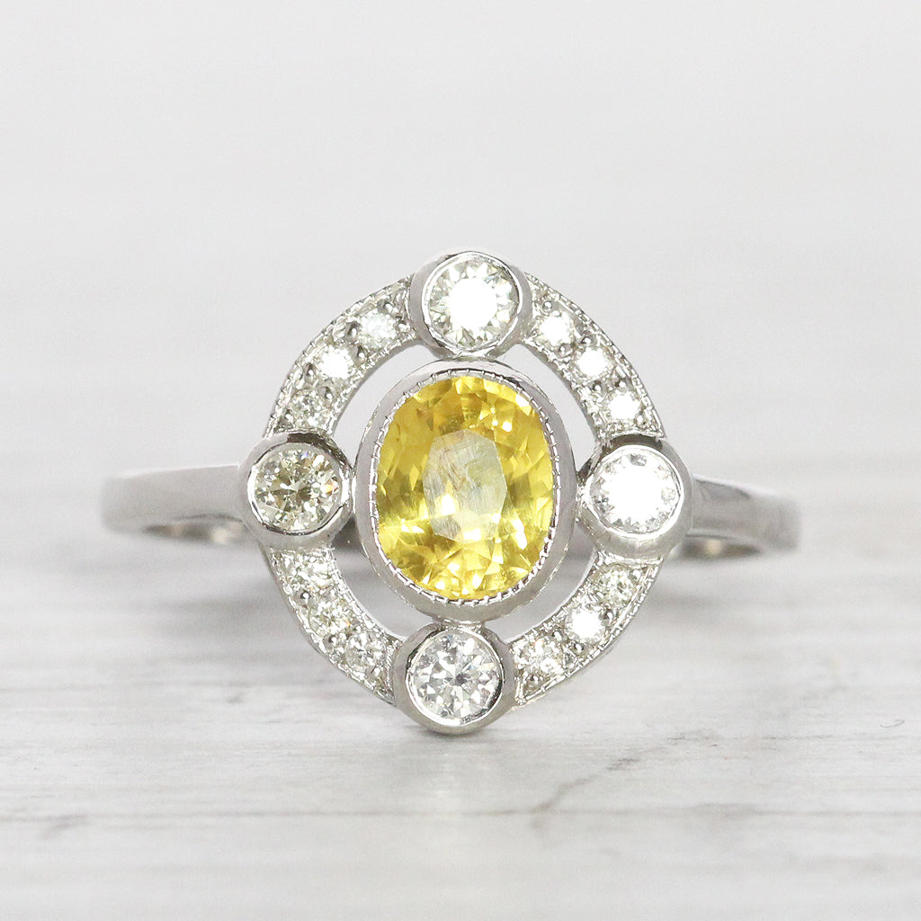 Art Deco Style 1.20 Carat Yellow Sapphire and Diamond Cluster