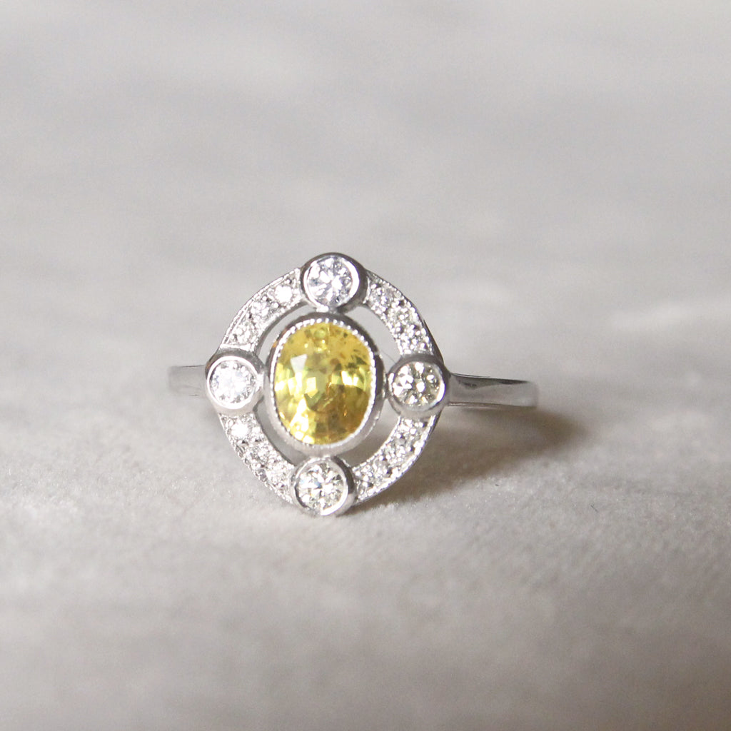 Art Deco Style 1.20 Carat Yellow Sapphire and Diamond Cluster