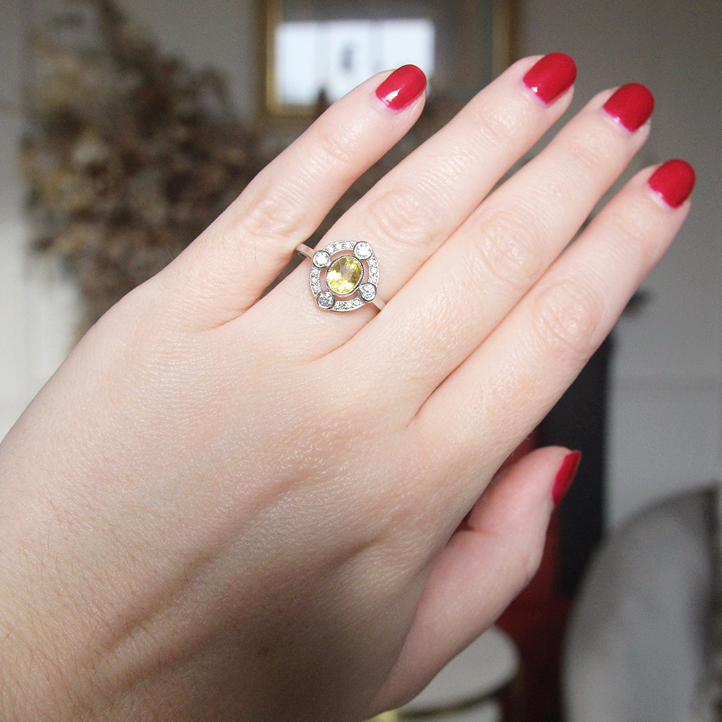 Art Deco Style 1.20 Carat Yellow Sapphire and Diamond Cluster