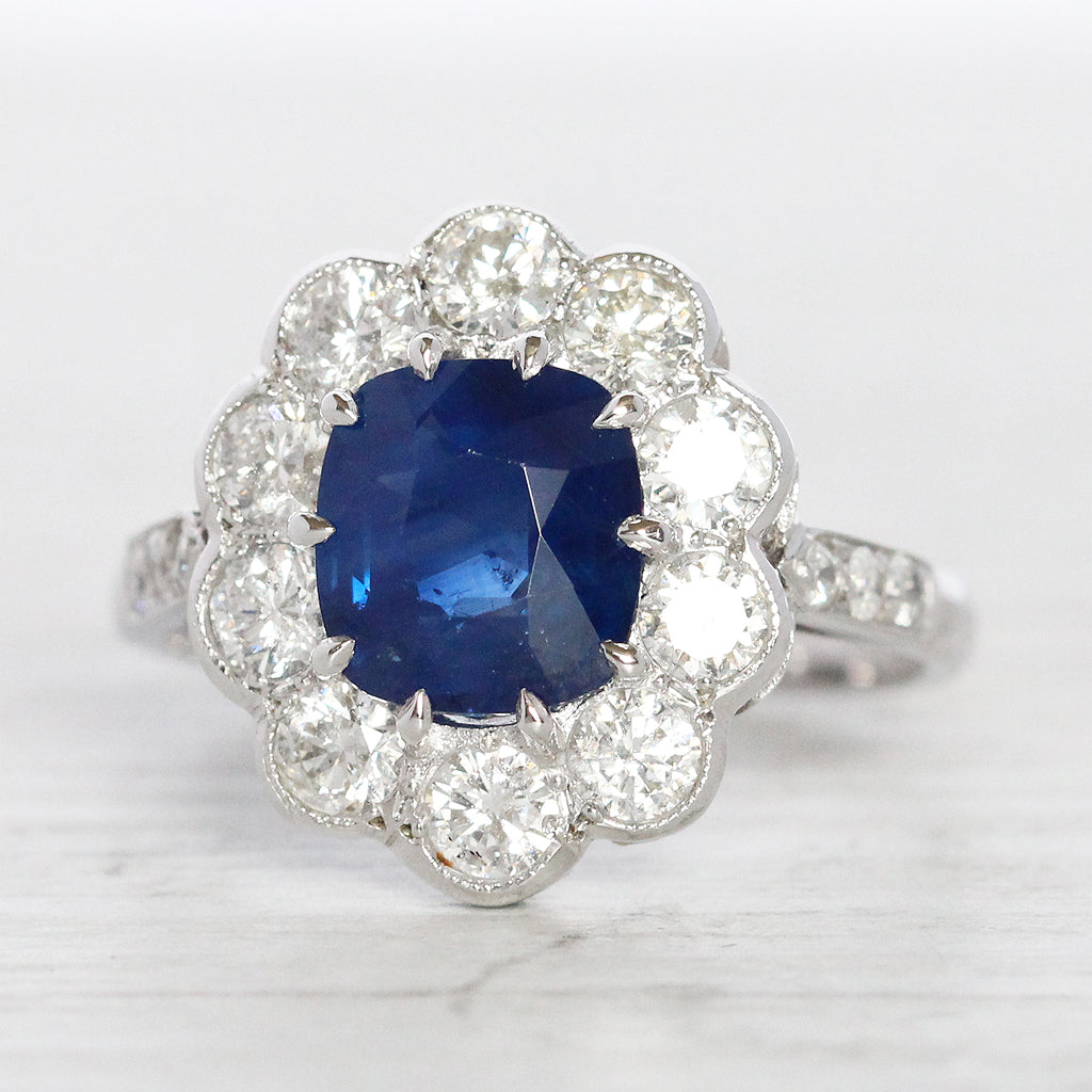 Vintage Style 2.50 Carat Cushion Cut Sapphire and Diamond Cluster