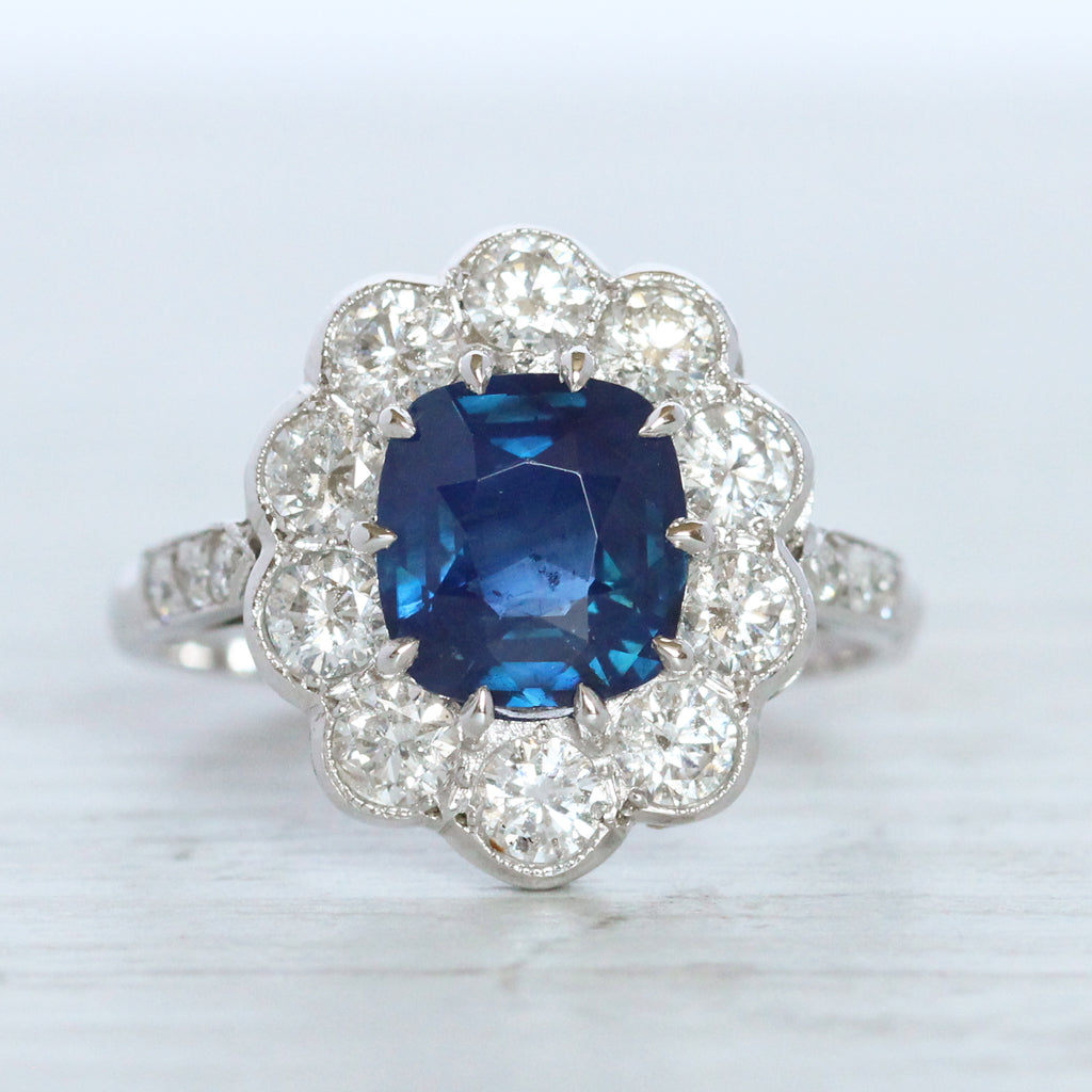 Vintage Style 2.50 Carat Cushion Cut Sapphire and Diamond Cluster