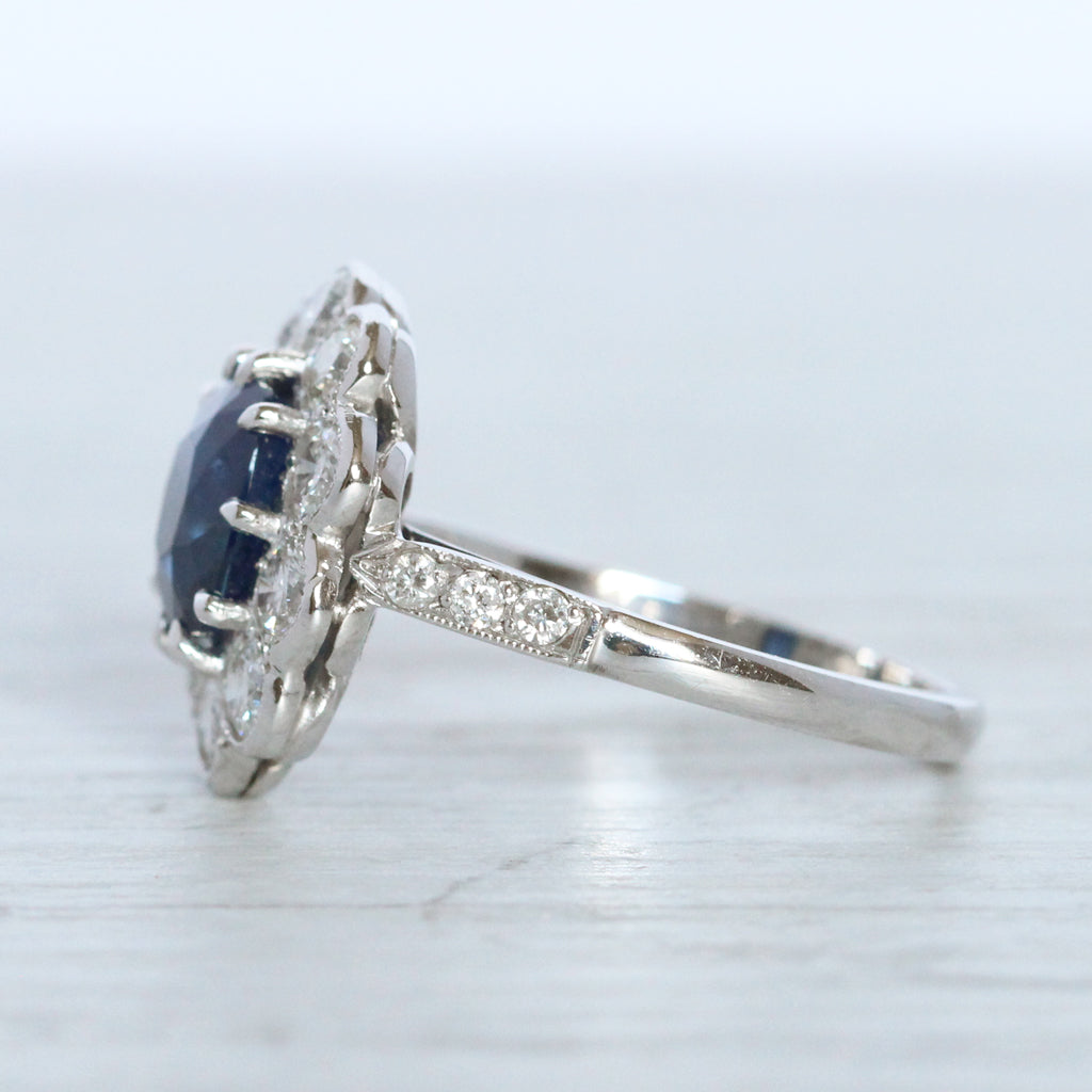 Vintage Style 2.50 Carat Cushion Cut Sapphire and Diamond Cluster