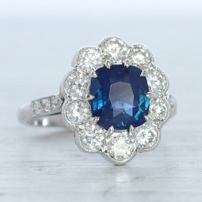 Vintage Style 2.50 Carat Cushion Cut Sapphire and Diamond Cluster