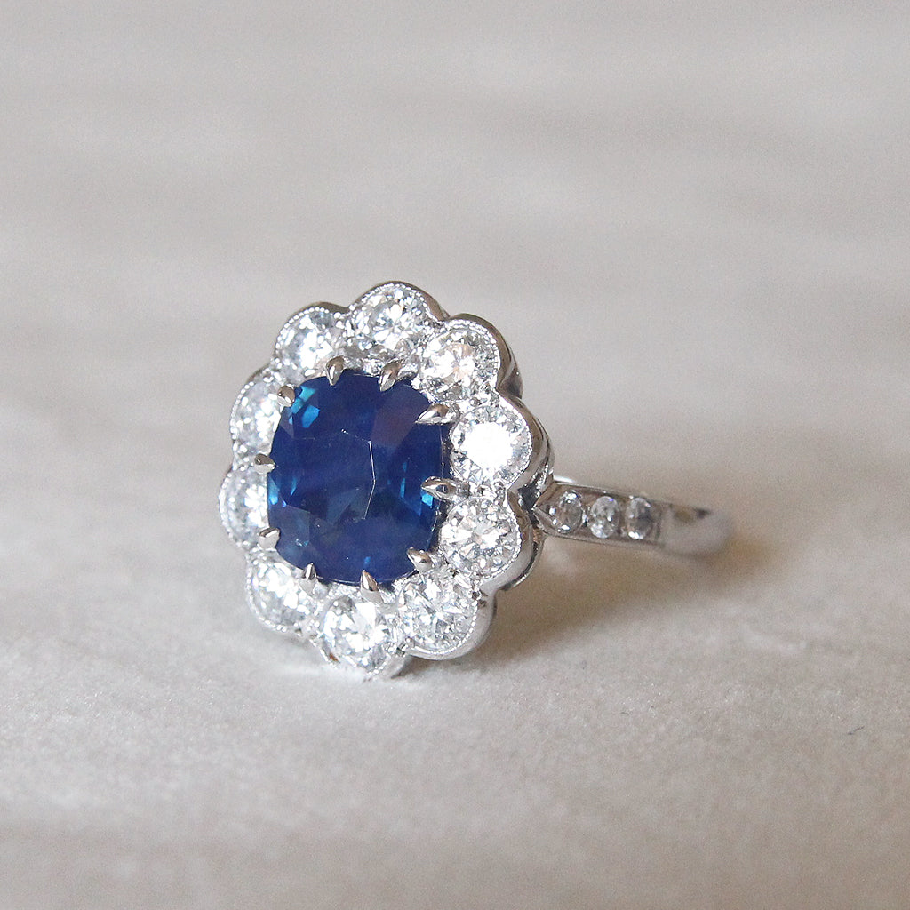 Vintage Style 2.50 Carat Cushion Cut Sapphire and Diamond Cluster