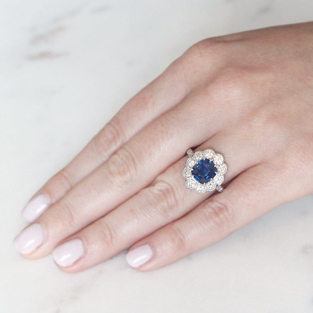 Vintage Style 2.50 Carat Cushion Cut Sapphire and Diamond Cluster