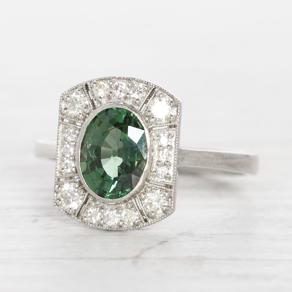 Art Deco Style 1.65 Carat Green Sapphire and Diamond Cluster