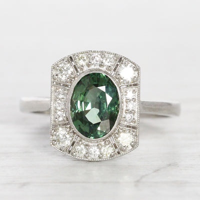 Art Deco Style 1.65 Carat Green Sapphire and Diamond Cluster