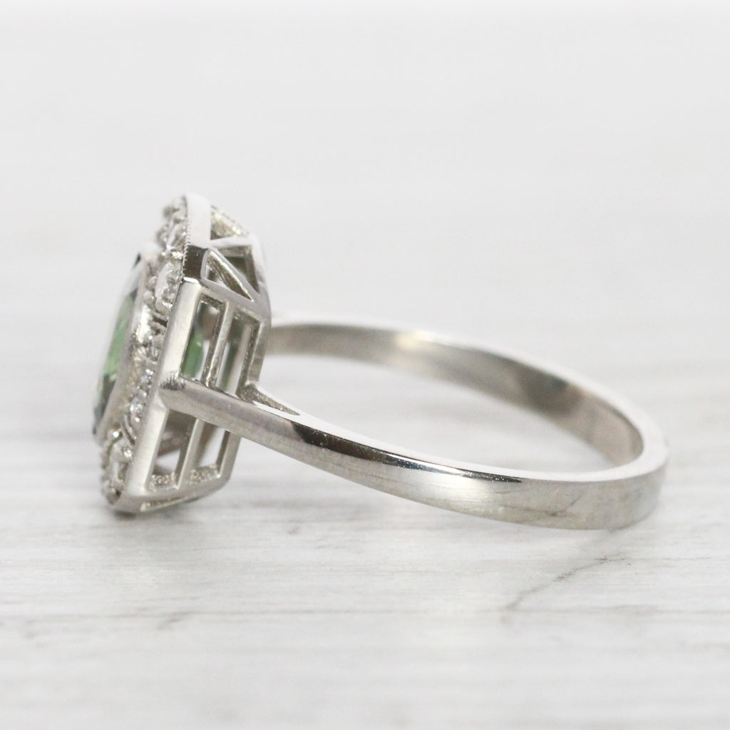 Art Deco Style 1.65 Carat Green Sapphire and Diamond Cluster