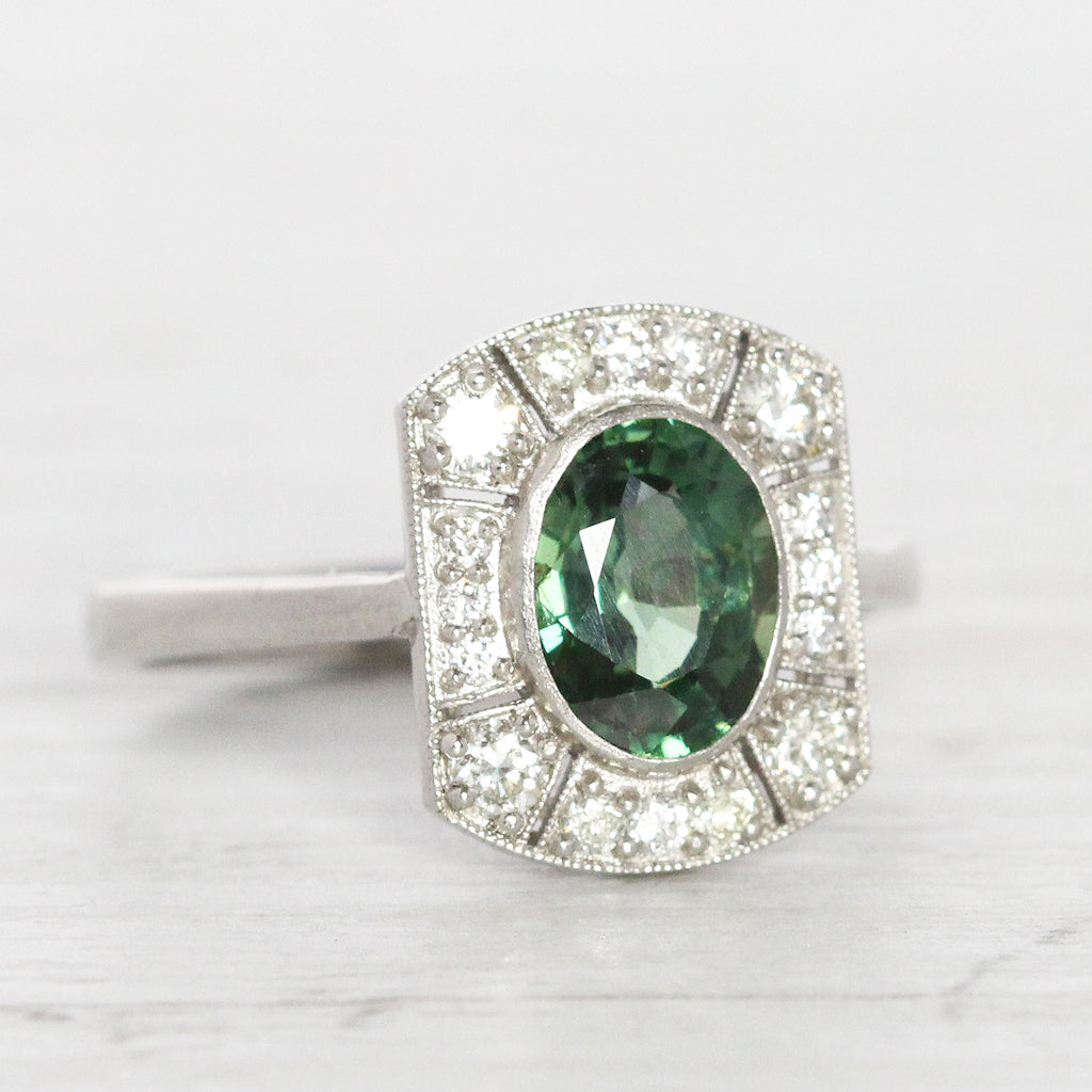 Art Deco Style 1.65 Carat Green Sapphire and Diamond Cluster