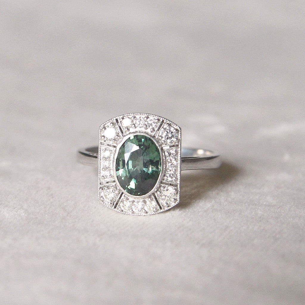 Art Deco Style 1.65 Carat Green Sapphire and Diamond Cluster