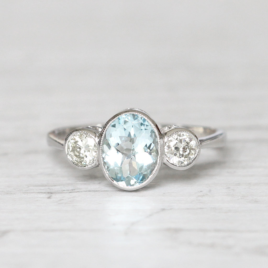 Vintage Style 1.30 Carat Aquamarine and Diamond Three Stone