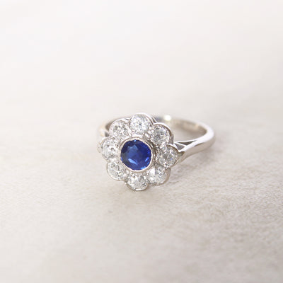 Edwardian Sapphire and Old Cut Diamond Daisy Cluster