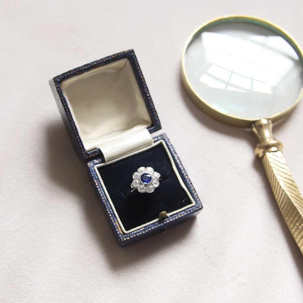 Edwardian Sapphire and Old Cut Diamond Daisy Cluster